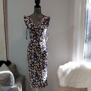 Lycra Floral Midi Dress in Black with Pink & Yellow Blossoms